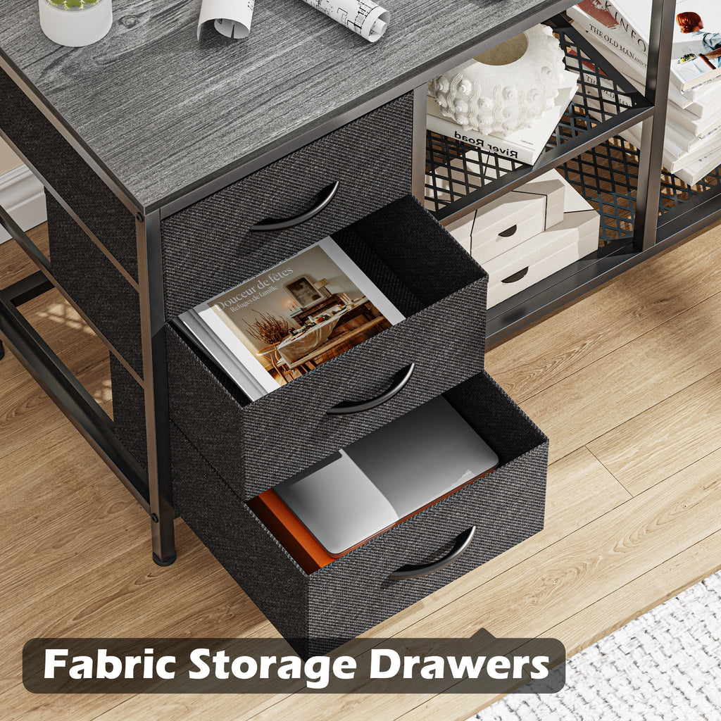 L Shaped Desk with Power Outlets, Fabric Drawer & Storage Shelves, Gray S124300