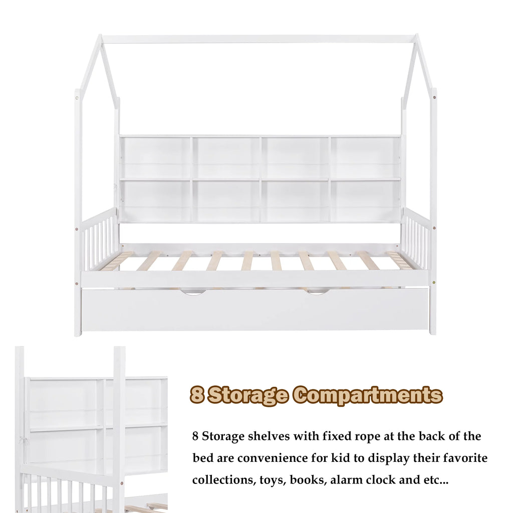 Twin Size Solid Wood House Bed with Trundle and Storage Shelves O31830