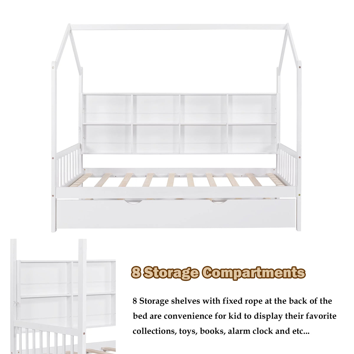 Twin Size Solid Wood House Bed with Trundle and Storage Shelves O31830