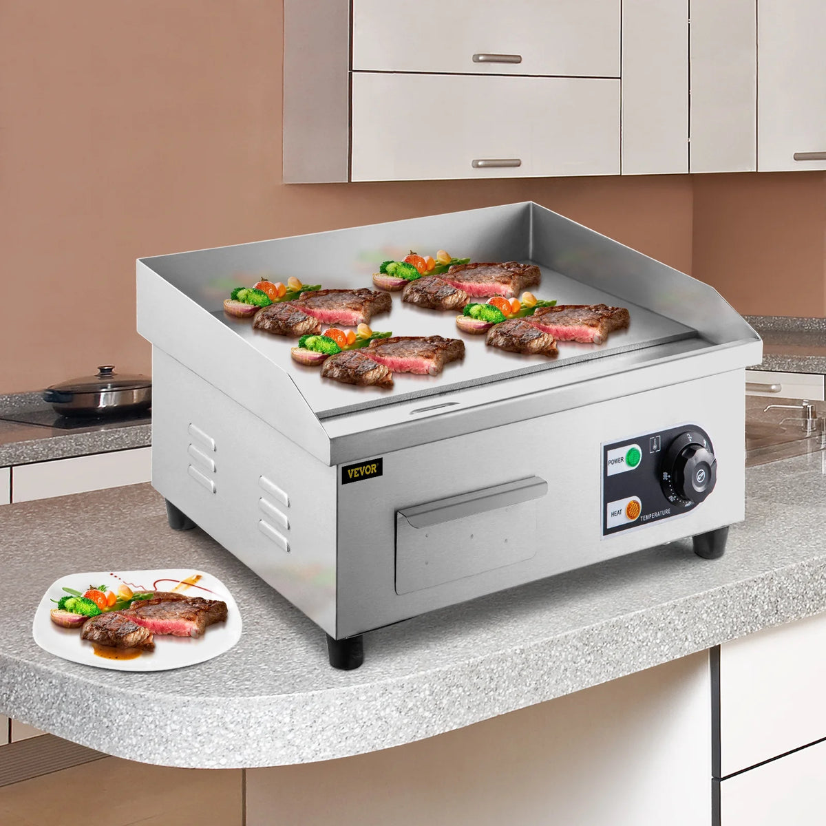 14" Electric Countertop Flat Top Griddle 1500W Non-Stick Stainless Steel S11594