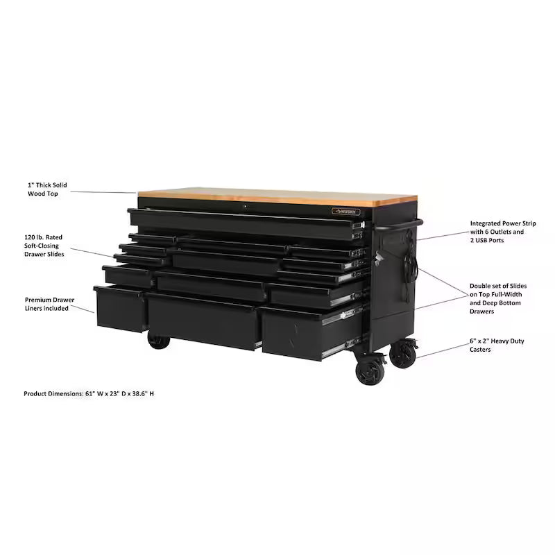 Heavy Duty 15-Drawer Mobile Workbench Tool Chest with Solid Wood Top in Matte Black C2405