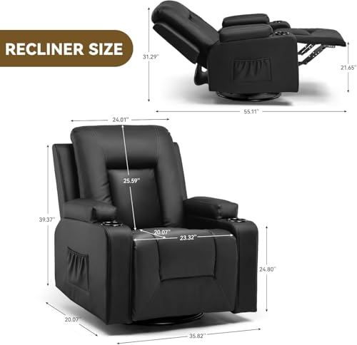 Black Swivel Rocker Recliner Chair with Cup Holders X651