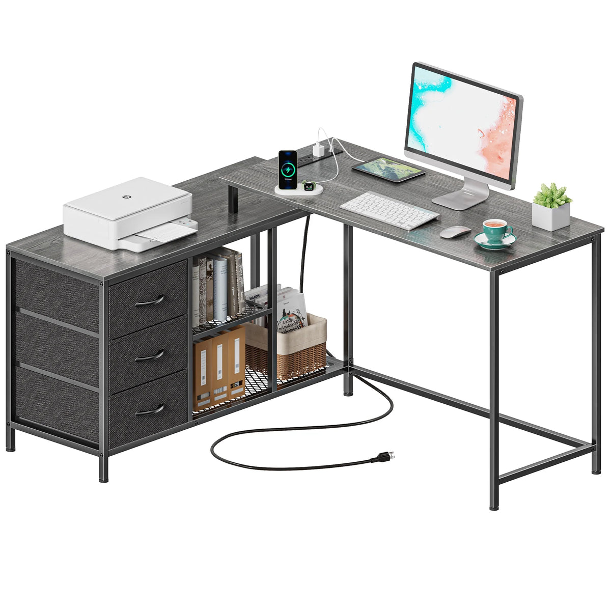 L Shaped Desk with Power Outlets, Fabric Drawer & Storage Shelves, Gray S124300
