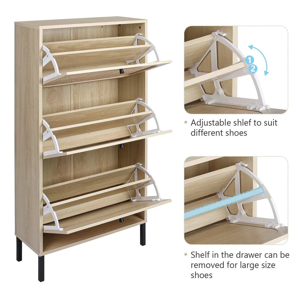 3 Flip Drawer Rattan Shoe Cabinet with Adjustable Shelves T469