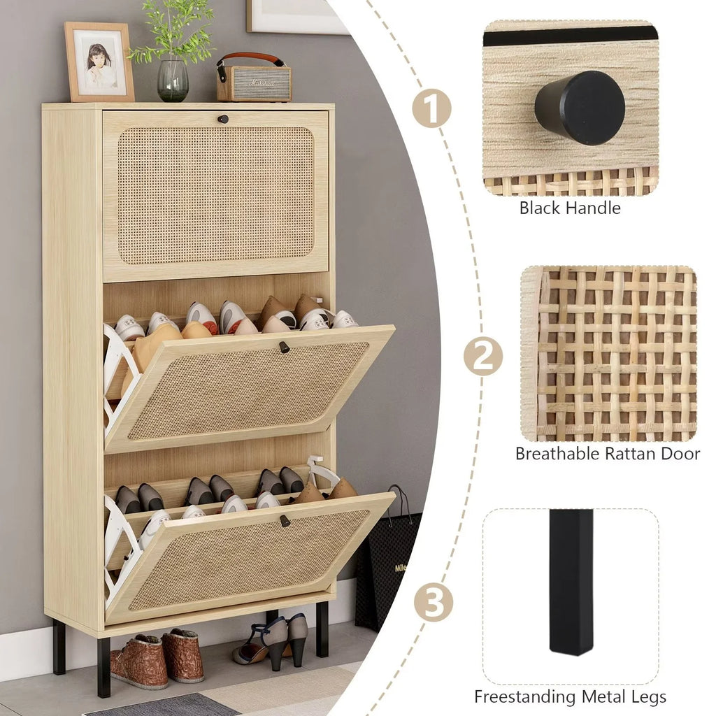 3 Flip Drawer Rattan Shoe Cabinet with Adjustable Shelves T469