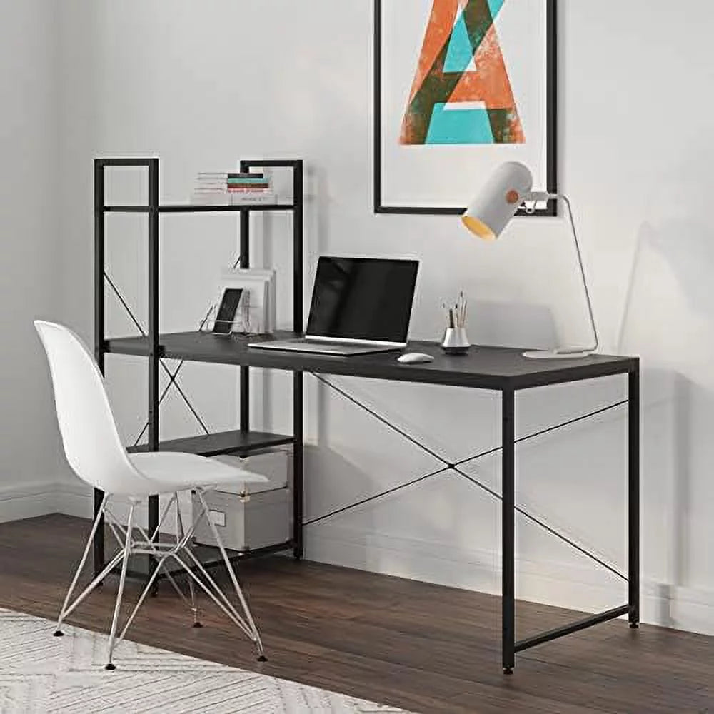 55" Black Reversible Gaming Computer Desk with Adjustable Shelves V104