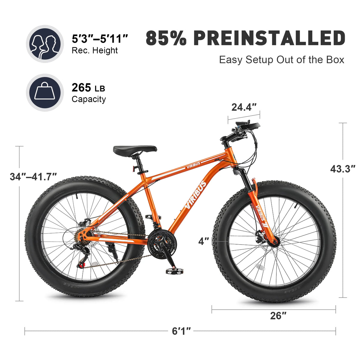 26 Fat Tire Mountain Bike with Front Suspension 21 Speeds Disc Brakes Orange C85200