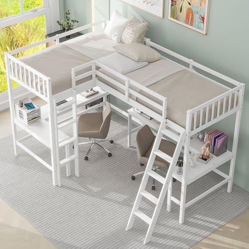 White L-Shaped Wood Twin Size Loft Bed with Desk and Ladder V35515