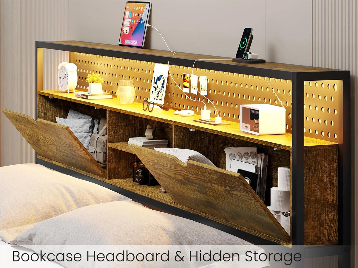 King LED Bed Frame with Storage Headboard and Charging Station R469784