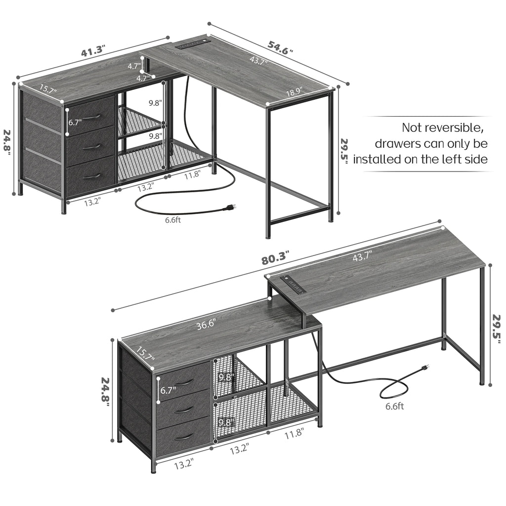L Shaped Desk with Power Outlets, Fabric Drawer & Storage Shelves, Gray S124300