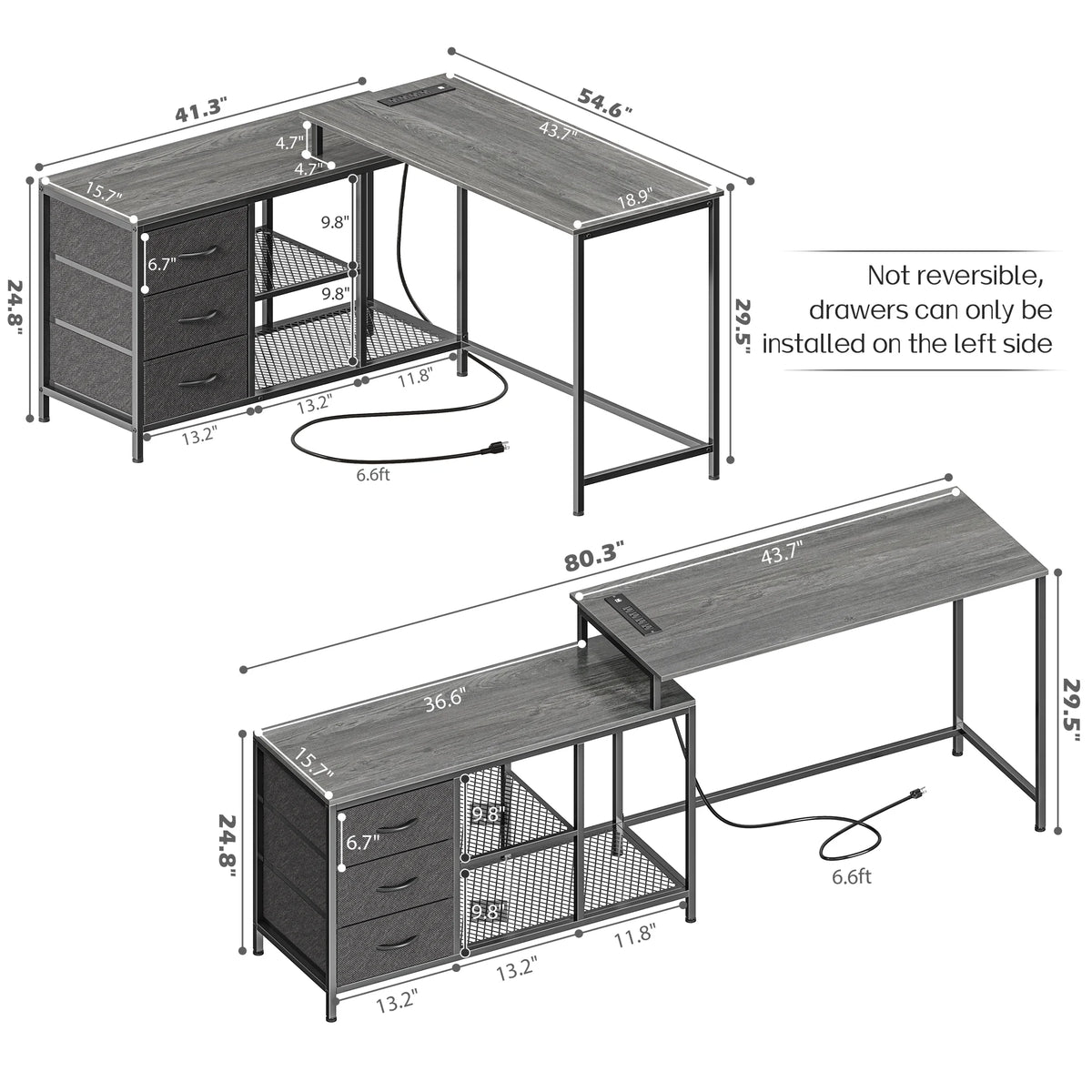 L Shaped Desk with Power Outlets, Fabric Drawer & Storage Shelves, Gray S124300