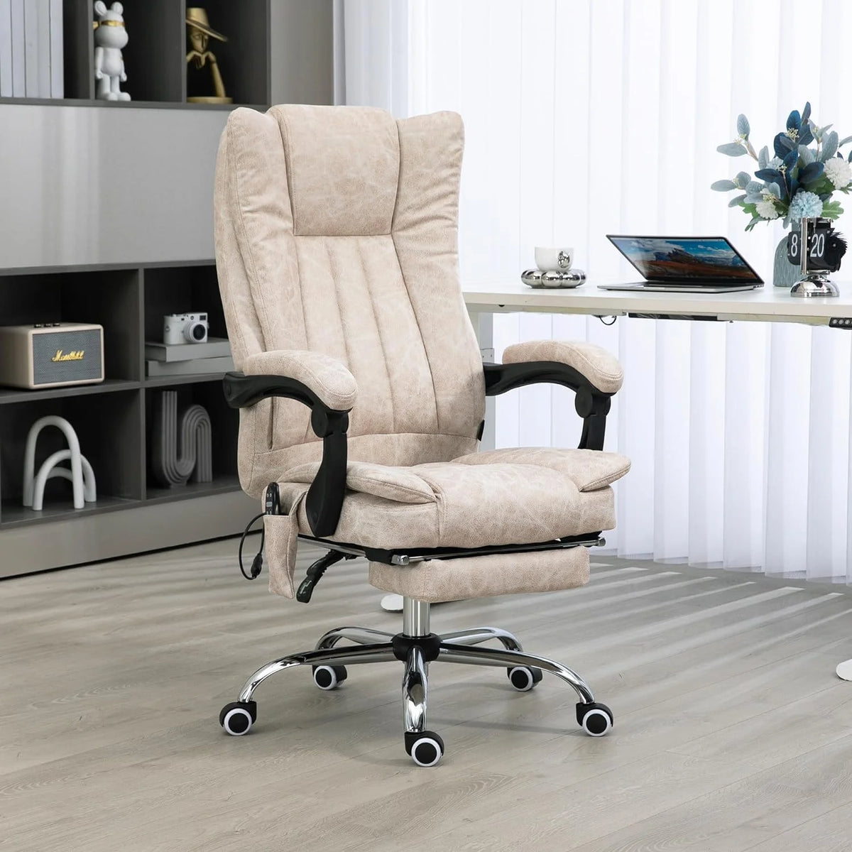 Cream White Microfiber High Back Office Chair with Massage and Footrest M298835