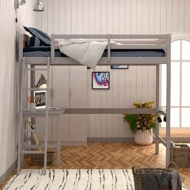 White Wood Twin Loft Bed with Desk J2167