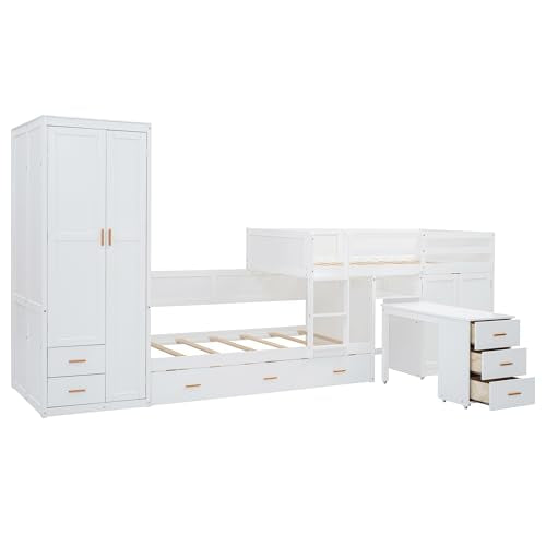 White Twin Over Twin Wood Bunk Bed with Trundle Q2516