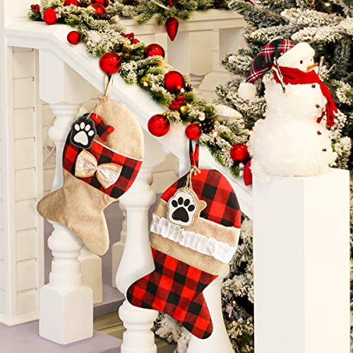 2 Pack 19 Inch Burlap Red Black Buffalo Plaid Christmas Stockings B216