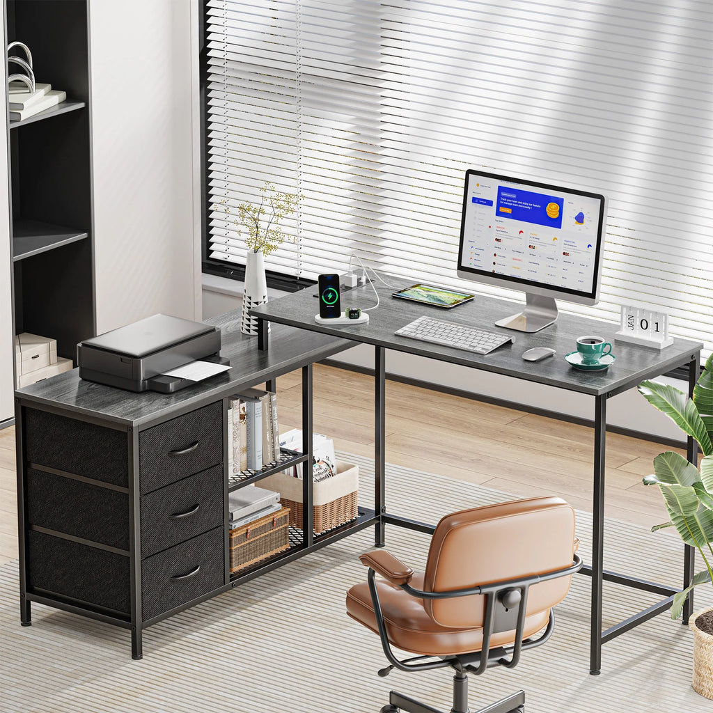 L Shaped Desk with Power Outlets, Fabric Drawer & Storage Shelves, Gray S124300