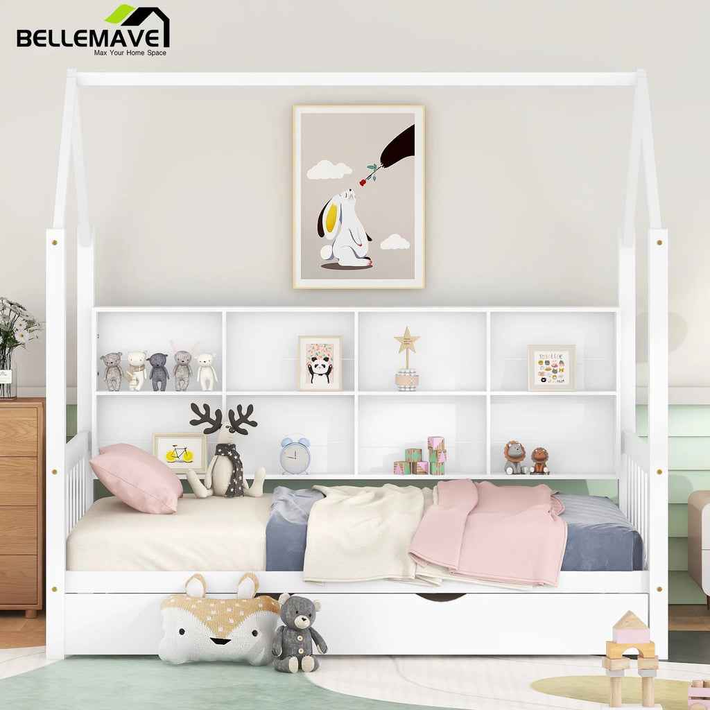 Twin Size Solid Wood House Bed with Trundle and Storage Shelves O31830