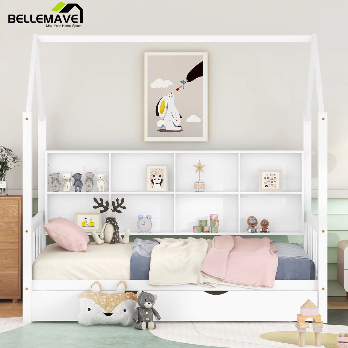 Twin Size Solid Wood House Bed with Trundle and Storage Shelves O31830