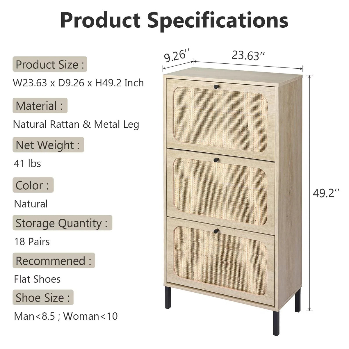 3 Flip Drawer Rattan Shoe Cabinet with Adjustable Shelves T469