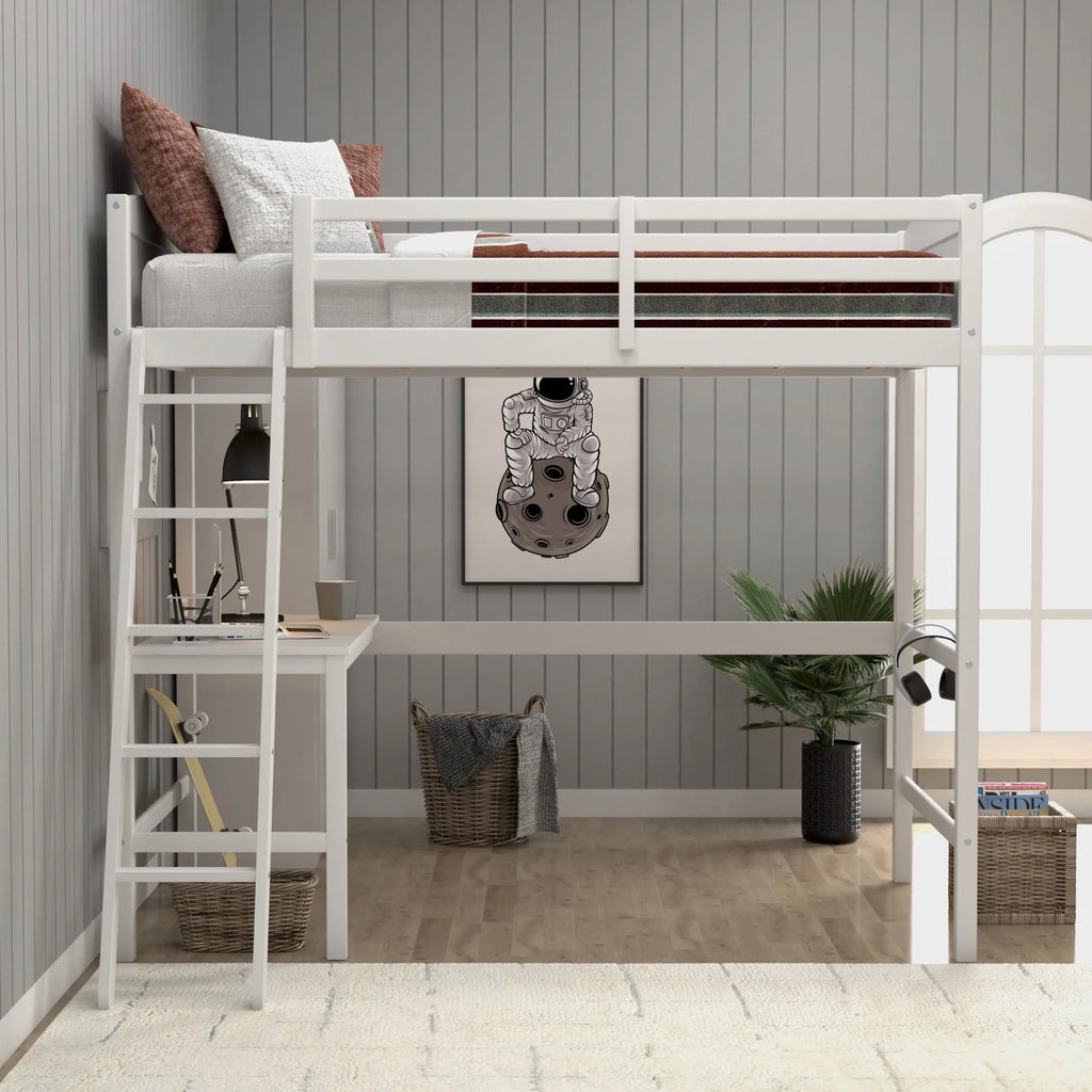 White Wood Twin Loft Bed with Desk J2167