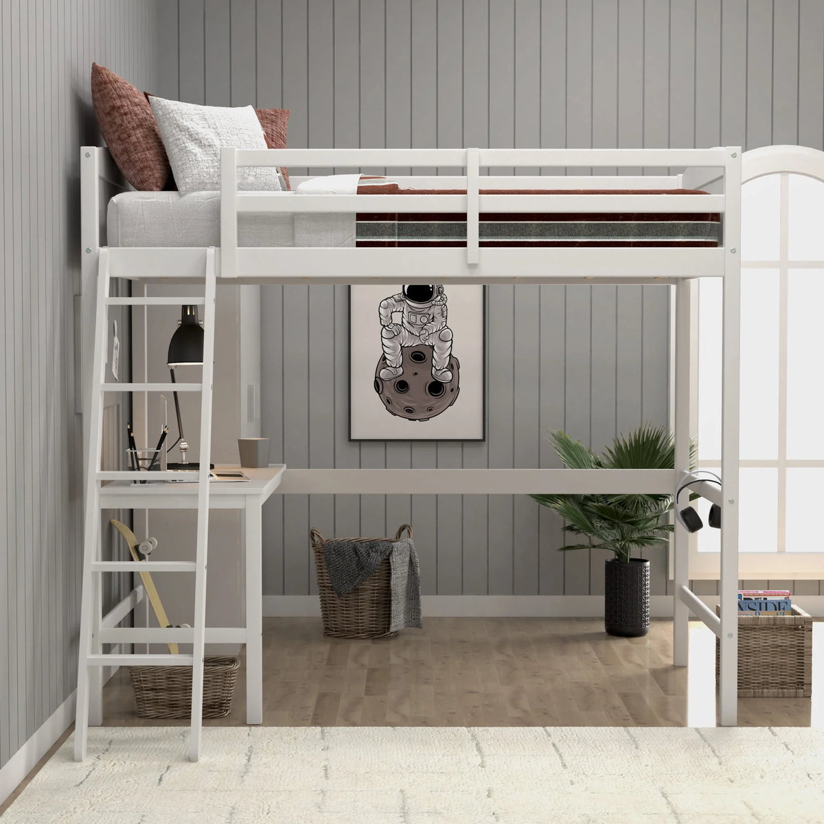 White Wood Twin Loft Bed with Desk J2167