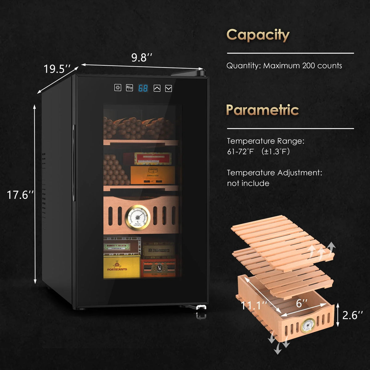 16L Electric Cigar Humidor Cabinet for 100 Counts with Digital Hygrometer Q7151