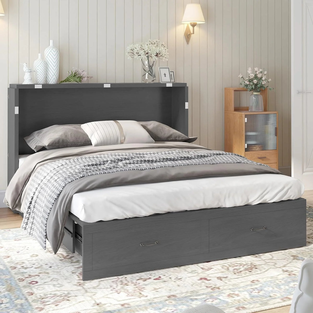 Gray Queen Murphy Bed Cabinet with Storage Drawers U999945