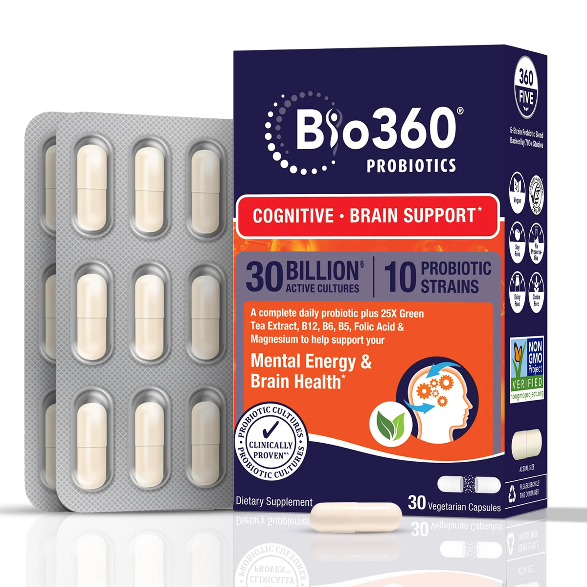 Probiotic for Brain Health, Digestive, Immune Health & Mental Energy, 30 Billion, 10 Probiotics, 25X Green Tea Extract, Magnesium & Vitamin B5, B6 & B12, 30CT I93485
